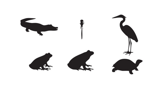 Various animal silhouettes featuring alligator dragonfly heron frog and turtle isolated on clean white art background.