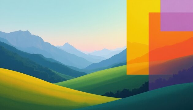 Abstract layered landscape with geometric color panels. Rolling hills, distant mountains create serene scene. Bright yellow, orange, purple shapes overlay natural panorama, adding modern art elements.