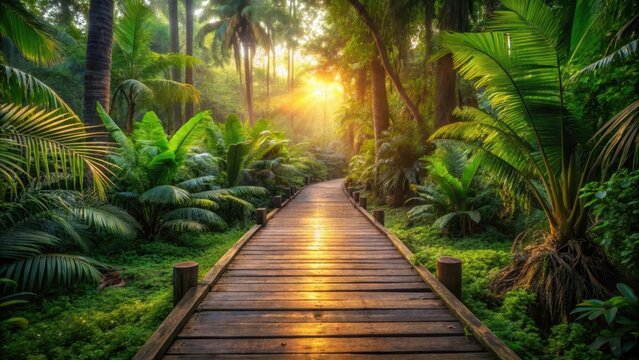 Serene wooden path through lush tropical forest at sunset