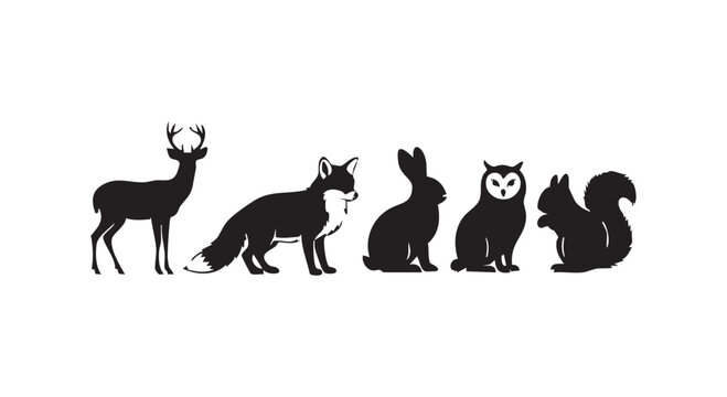 Wild animal silhouettes set featuring deer fox rabbit owl and squirrel isolated in black ink graphic style art.