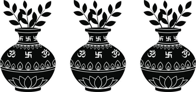 Silhouette of three indian style vases with om and swastika symbols