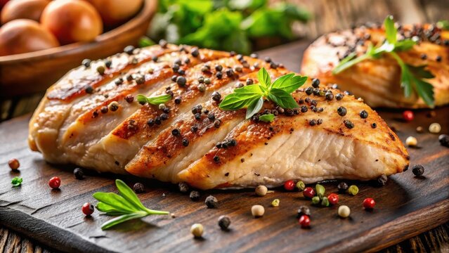 Partially sliced grilled chicken breast with black pepper and rock salt