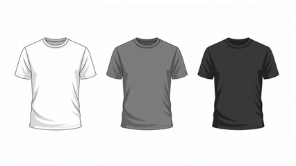 Naklejka premium Realistic Short Sleeve T-Shirt Mockup Set – White, Grey and Black Blank Apparel Template Vector