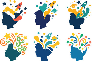 Set of child silhouettes with colorful imagination symbols, kids creativity and inspiration concept with rockets and stars, educational and brainstorming icons © IDR TAO