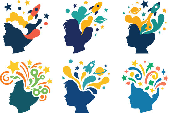 Set of child silhouettes with colorful imagination symbols, kids creativity and inspiration concept with rockets and stars, educational and brainstorming icons