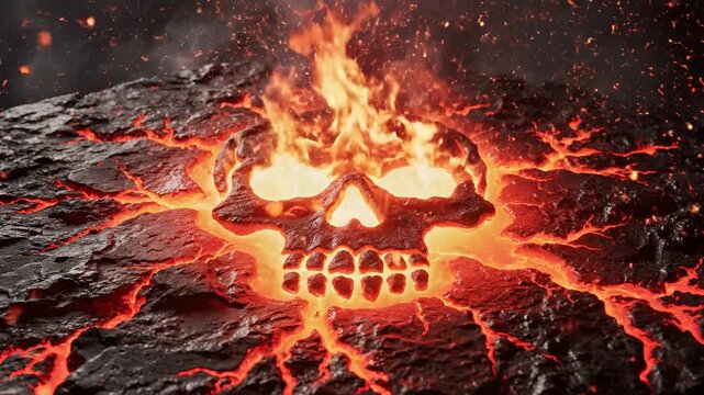 Fiery Skull Erupting from Molten Lava Landscape.