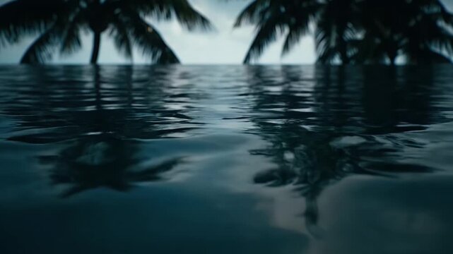 Dark infinity pool water surface with blurred tropical palm trees in the background