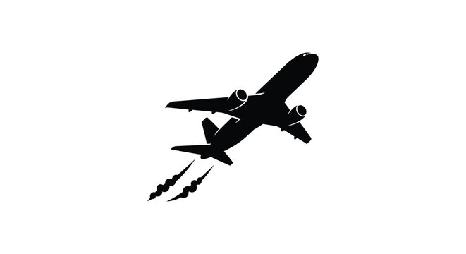 Airplane in flight with contrails black silhouette