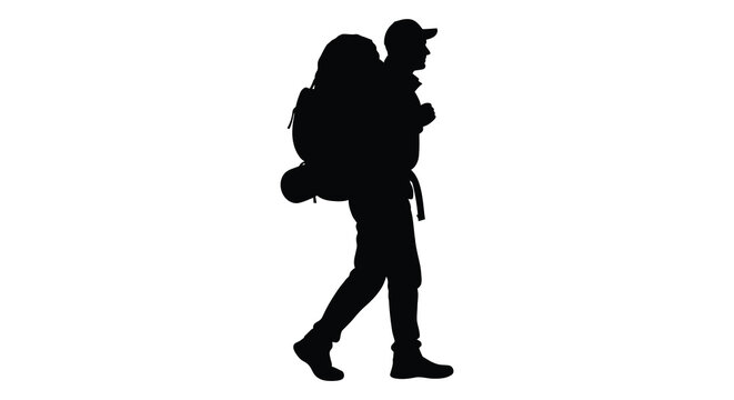 Hiker with backpack walking side view silhouette