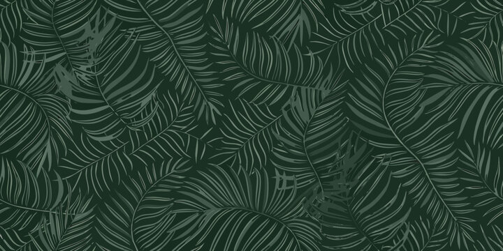 seamless tropical fern pattern monochromatic dark green botanical illustration