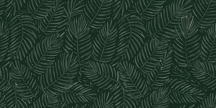 seamless fern pattern with stylized leaves on a dark green background