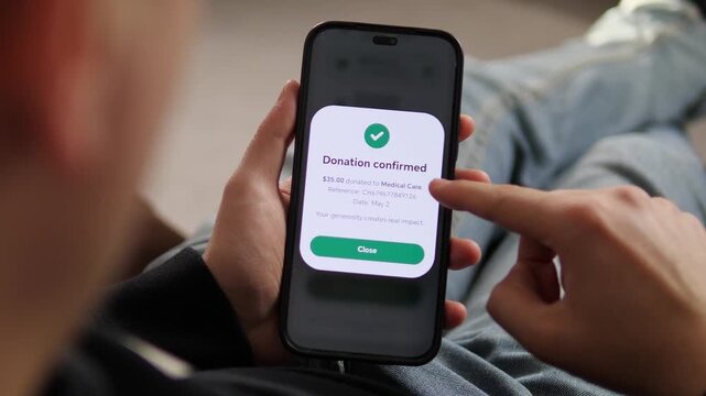 Empower change with a tap. Close-up of a person confirming a charitable donation to medical care on a smartphone. Perfect for non-profit campaigns, healthcare awareness, and digital giving stories