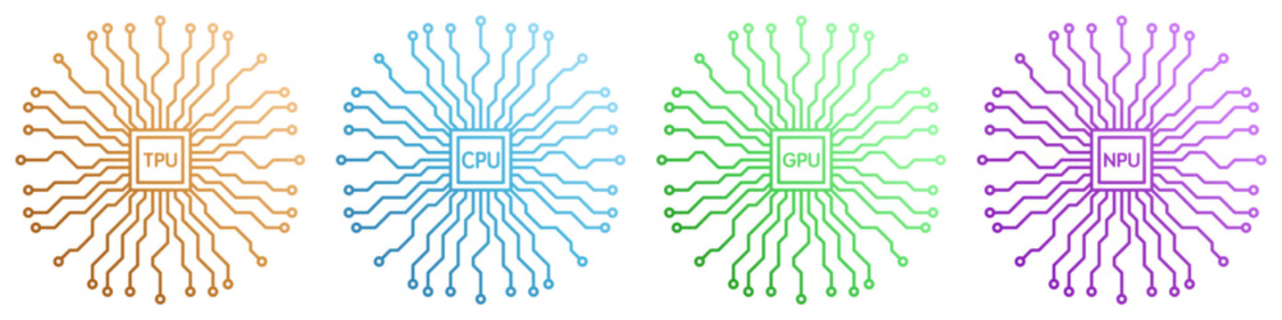 Vector illustration of computer processor unit chips including TPU CPU GPU and NPU with circuit board traces radiating outwards