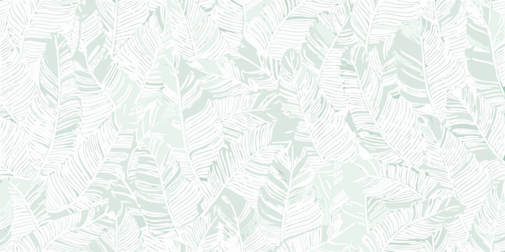 seamless tropical leaf pattern with delicate white lines on a soft mint green background