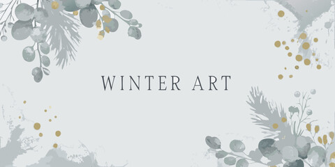 watercolor eucalyptus branches with gold splatters on a light gray background © Ella
