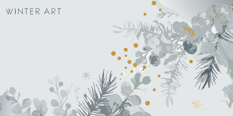 watercolor eucalyptus branches and pine needles with gold accents on a light gray background © Ella