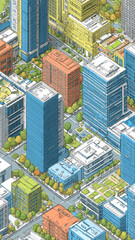 Fototapeta premium Aerial view of modern cityscape showing vibrant skyscrapers and busy roads emphasizing urban planning and infrastructure