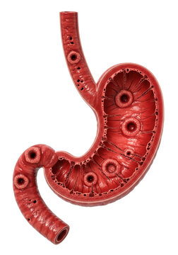 Detailed anatomical section of an inflamed human stomach and esophagus with gastric ulcers on a white background, concept of internal digestive ailment