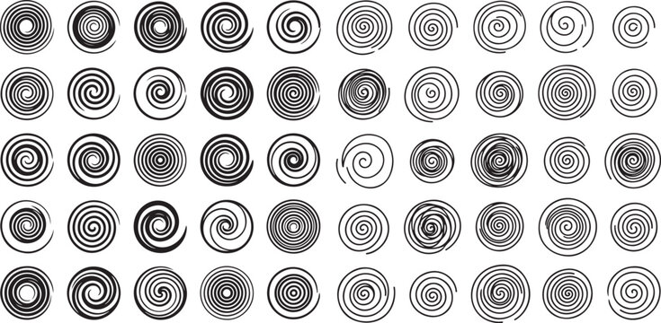 Collection of fifty hand-drawn black spiral and circular swirl patterns