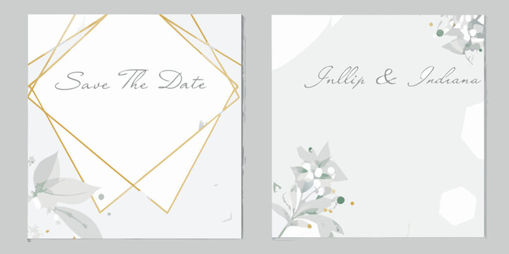 watercolor wedding invitation card with geometric gold foil accents and floral details