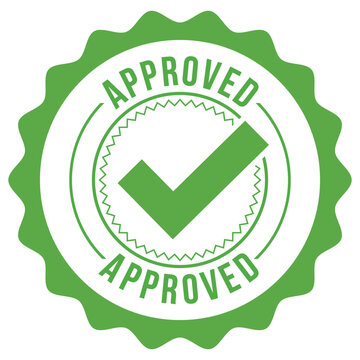 green approved stamp with checkmark circular seal with text and scalloped edge