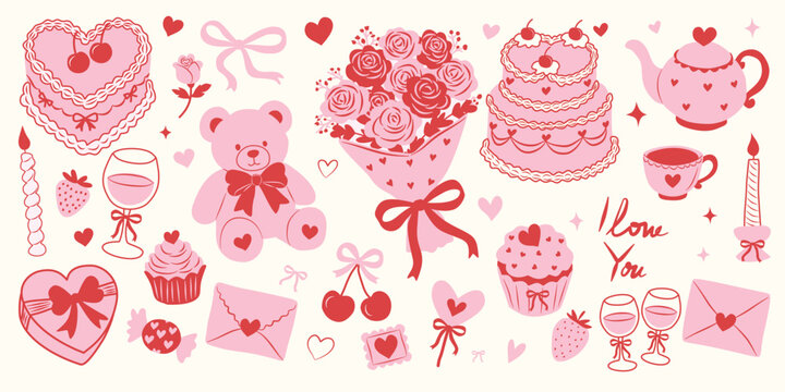 Hand drawn coquette elements set for valentines day, wedding invitation, and birthday card with vintage theme. Cute girly bows, ribbons, cherry, letter, cake, toy bear, drink, rose, strawberry