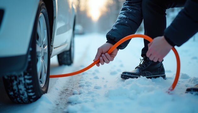 Person uses orange cable to jump-start car stuck in snow. Winter road conditions require vehicle assistance. Cold weather challenges outdoor car operations with help from another.