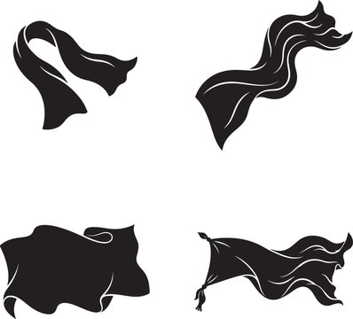 Set of four black silhouettes of flowing fabric and scarves