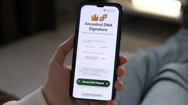 xplore your roots with a tap. User reveals a deep ancestral DNA report on a smartphone app. High-quality sequence for biotechnology, genealogy, and digital lifestyle marketing. Perfect for