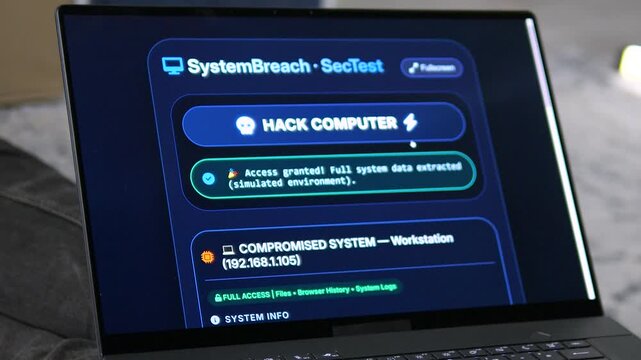 Cybercriminal exploiting workstation. Screen shows Access Granted and data extraction. Realistic UI for cybersecurity threats and illegal hacking concepts. Perfect for tech and news documentaries