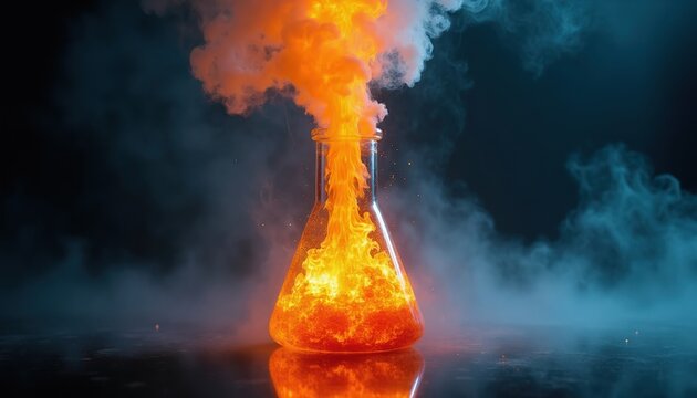 Fiery chemical reaction erupts from lab flask. Orange flames and smoke billow from beaker with boiling liquid. Science experiment with heat and bubbles creates hazard in dark research setting.