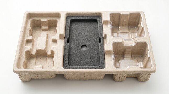 Empty molded fiber product packaging tray with clear plastic inserts and a central black foam slot for electronic device protection