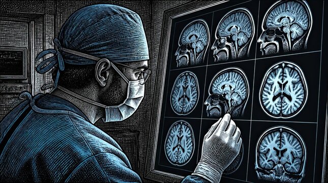 A detailed cross hatching illustration of a focused neurosurgeon examining glowing brain scans in a dark clinic, showcasing medical expertise and advanced diagnostic imaging in clinical research.