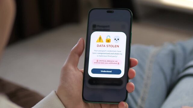 Critical data breach. A smartphone displays a Data Stolen alert after a malicious hack. Perfect for cybersecurity news, identity theft stories, and online safety campaigns. High-impact footage of a