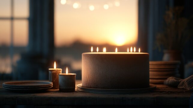 Candles glowing on windowsill at sunset
