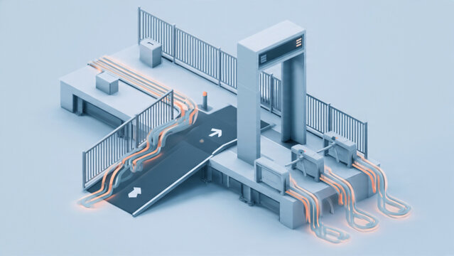 Futuristic electric vehicle charging station with glowing cables in modern urban environment