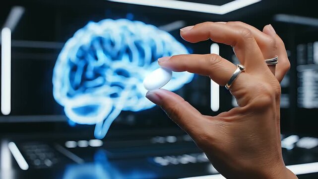 Hand holding a white pill in front of a glowing digital human brain hologram. Scientist presenting a pharmaceutical supplement in a futuristic lab. Concept for nootropics and mental health medicine.