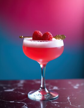 Pink berry cocktail served in elegant glass with fresh raspberries on top. Drink sits on marble bar. Colorful background creates festive atmosphere, perfect for bar menu or party.