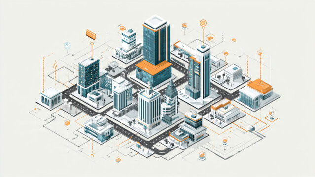 Isometric View of Modern Cityscape with Tall Buildings, Roads, and Technology Elements