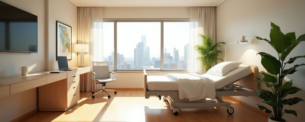 Naklejka premium Modern hospital room with bed and city view. Desk with laptop and chair. Potted plant adds life. Sunlight streams through window. Clean, bright, comfortable space.