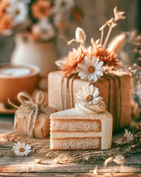 Rustic wrapped gifts with dried flowers