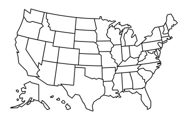 Outline Map of United States: A clean, vector illustration of the continental United States and Alaska, with state borders clearly defined. cartography, geography, national borders, political map.