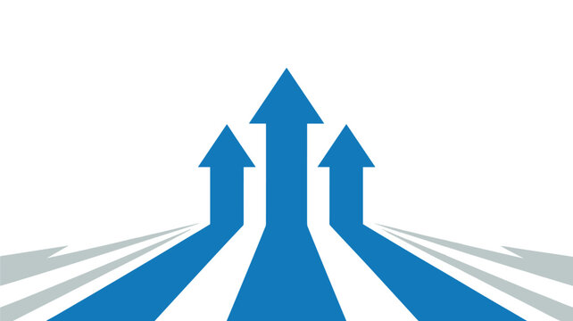 Arrows of Progress: Three blue arrows ascend towards the sky, symbolizing growth and advancement. business direction, strategic growth, upward trend, development concept, pathway to success.