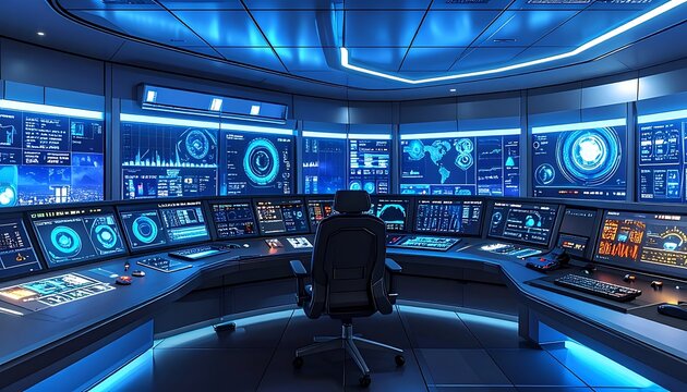 Futuristic control room with blue screens.