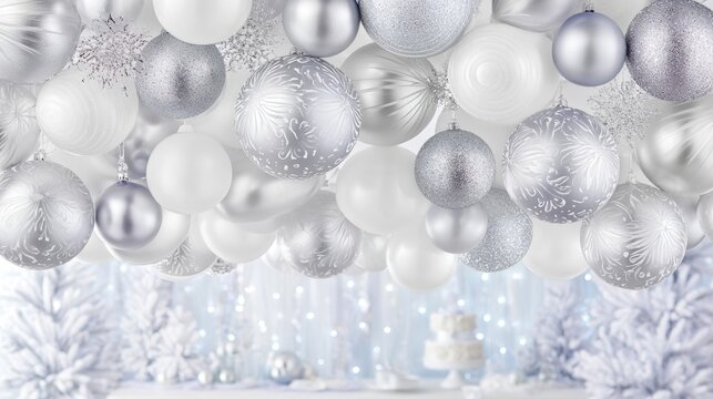 Silver balloon ceiling over elegant party room