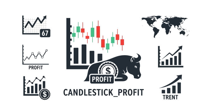 Stock market trading concept icons set with graphs and bull silhouette