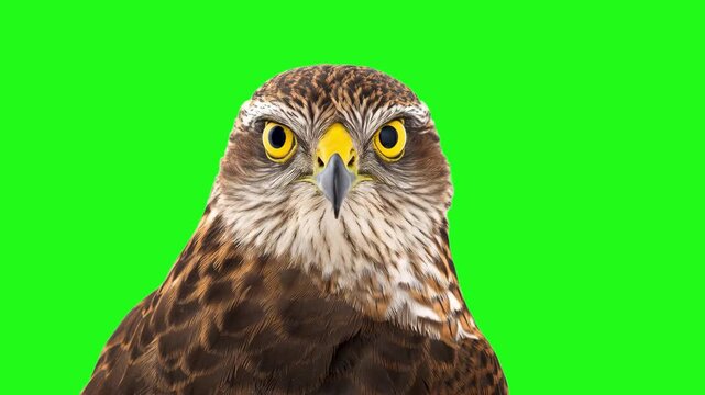 Hawk portrait with yellow eye isolated on green screen. Animated cinemagraph, parallax animation, based on an original photograph.