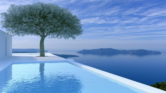 Minimal infinity pool with tree and sea view