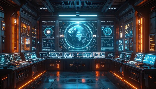 Futuristic control room with computer screens.