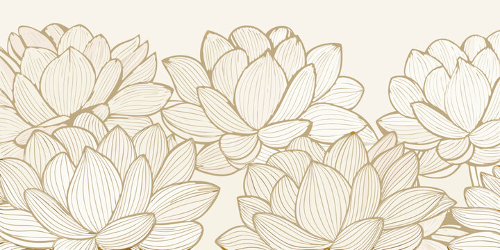Elegant gold line drawing of lotus flowers delicate floral pattern on a beige background